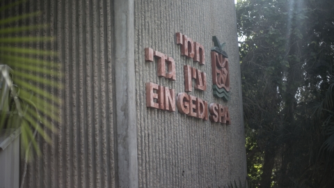 שלט הכניסה למתחפ חמי עין גדי על דופן הבניין