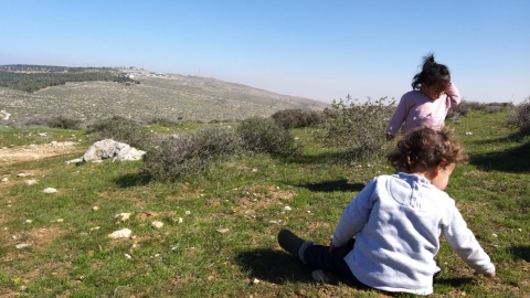 שני ילדים על הדשא בנוף הר עמשא