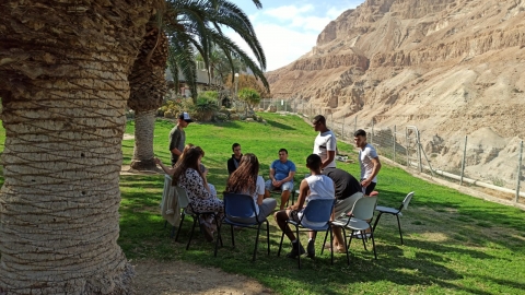 נערים ונערות בפעילות על מדשאות קיבוץ עין גדי
